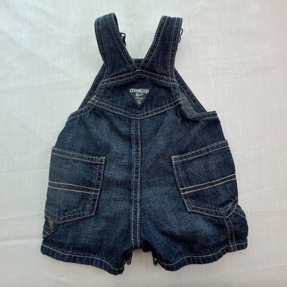 OshKosh B'gosh Denim Shortalls Baby 3M Dark Wash Excellent Vestbak Overalls